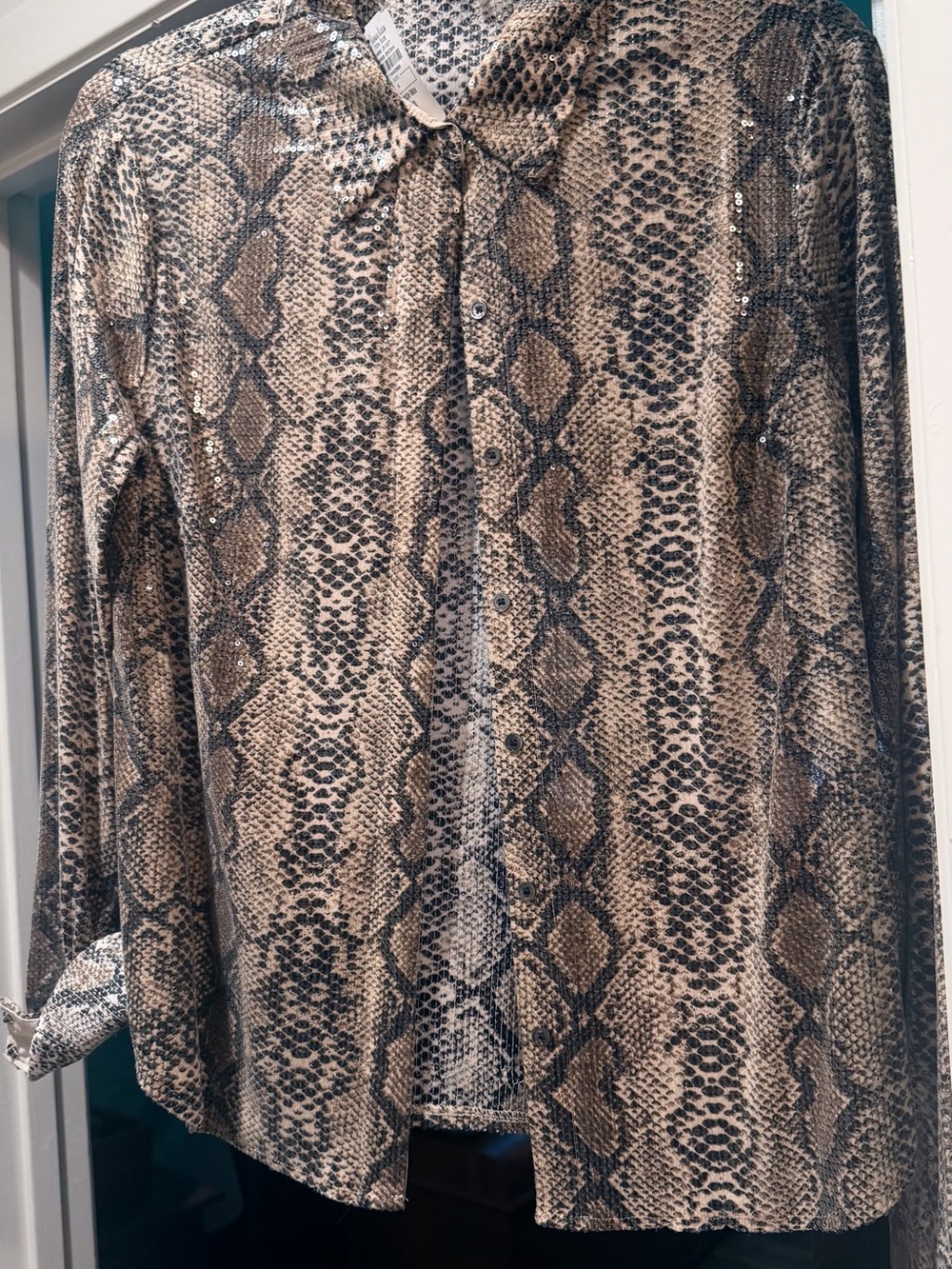 Endless Rose Sequin Snake-Print Shirt Jacket in Beige and Black